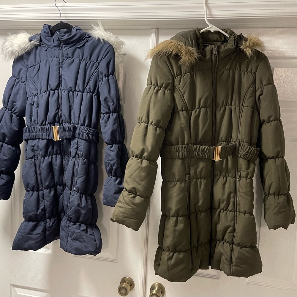 M/L Women’s Winter Puffer Quilted Coat jacket with fur around hoodie Navy /Green